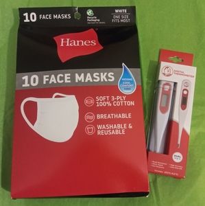 10 pk Hanes masks and thermometer
